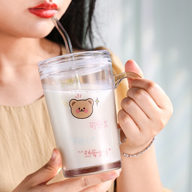 高顏值可愛吸管玻璃杯ins風女帶把網紅創意馬克杯家用耐熱水杯子-細節圖2
