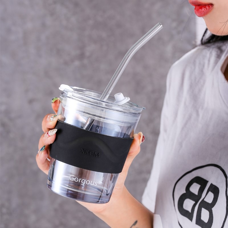 高顏值簡約潮流玻璃杯帶吸管學生辦公宿舍家用耐熱泡茶咖啡水杯子-細節圖5