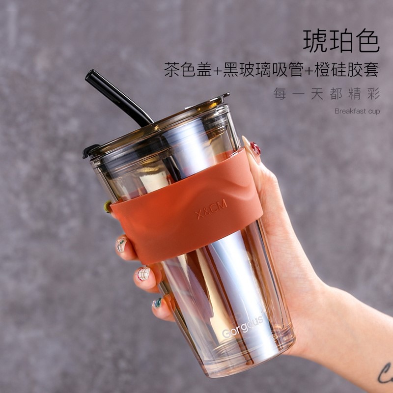 高顏值簡約潮流玻璃杯帶吸管學生辦公宿舍家用耐熱泡茶咖啡水杯子-細節圖7