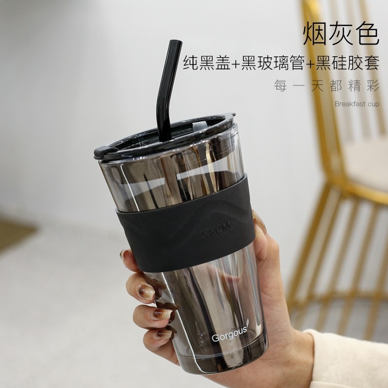 高顏值簡約潮流玻璃杯帶吸管學生辦公宿舍家用耐熱泡茶咖啡水杯子-細節圖8