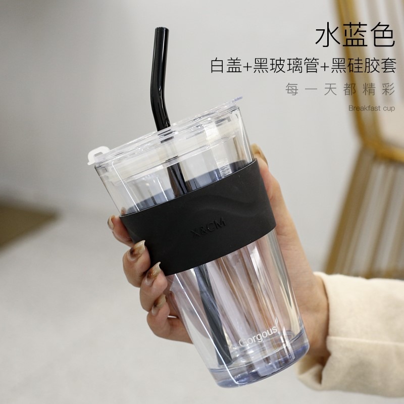高顏值簡約潮流玻璃杯帶吸管學生辦公宿舍家用耐熱泡茶咖啡水杯子-細節圖9
