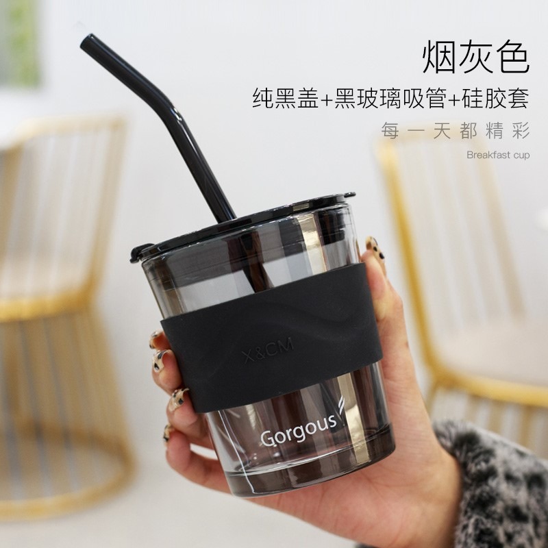 高顏值簡約潮流玻璃杯帶吸管學生辦公宿舍家用耐熱泡茶咖啡水杯子-細節圖10
