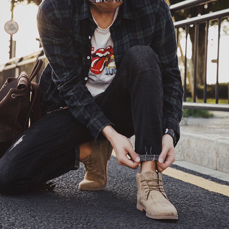 馬丁靴男秋季高幫皮鞋翻毛磨砂韓版潮流英倫風復古中幫工裝鞋-細節圖5