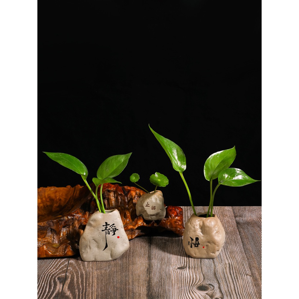 禪意花瓶裝飾客廳茶桌茶寵擺件水培花盆器皿創意綠蘿小花器粗陶瓷-細節圖2