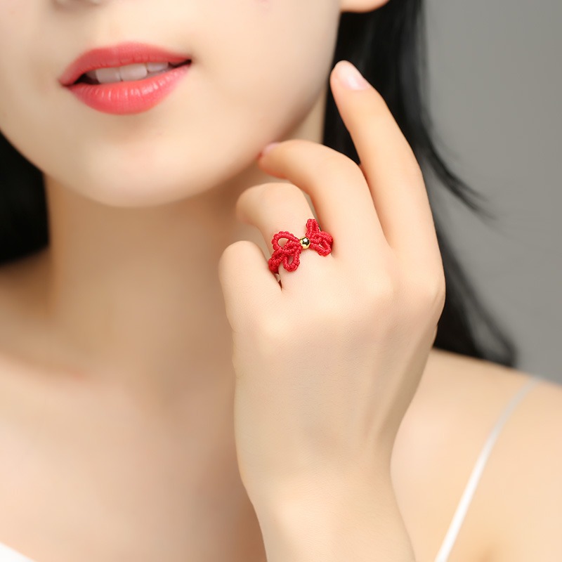 晶檔網紅戒指 黑紅繩手工編織本命年個性 蝴蝶結指環韓版飾品禮物-細節圖8