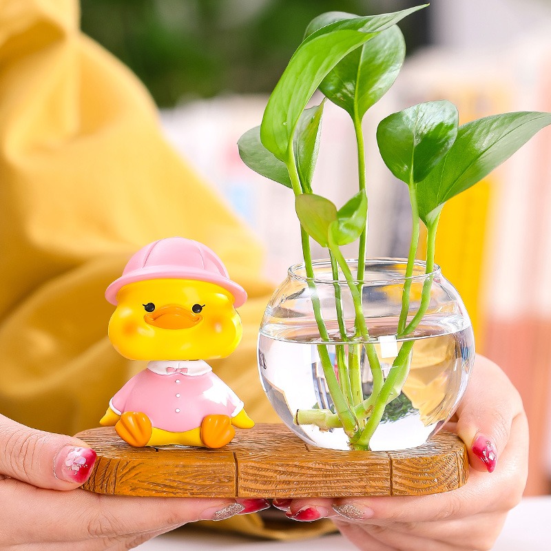 創意可愛家居鴨子擺件透明玻璃水培小花瓶裝飾品簡約酒櫃客廳擺設-細節圖2