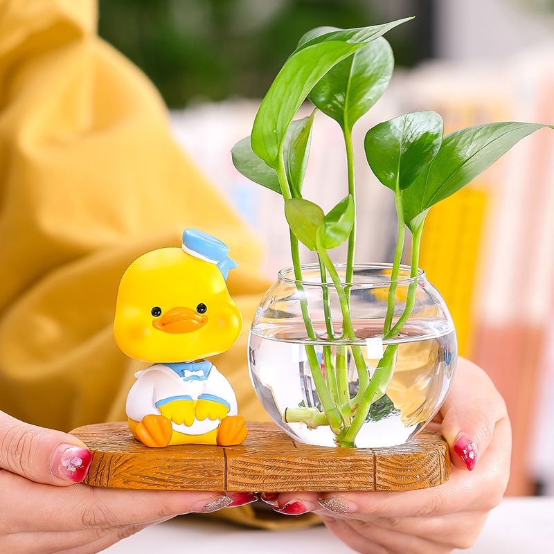 創意可愛家居鴨子擺件透明玻璃水培小花瓶裝飾品簡約酒櫃客廳擺設-細節圖4