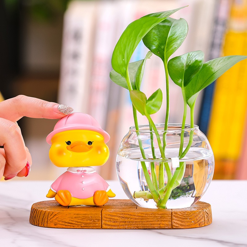 創意可愛家居鴨子擺件透明玻璃水培小花瓶裝飾品簡約酒櫃客廳擺設-細節圖5