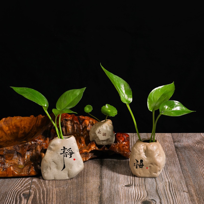 禪意茶桌陶瓷擺件仿真石頭裝飾品辦公室桌面小擺設酒櫃水培插花器-細節圖3