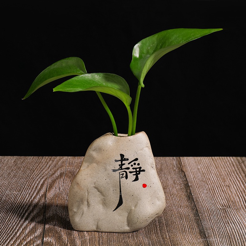禪意茶桌陶瓷擺件仿真石頭裝飾品辦公室桌面小擺設酒櫃水培插花器-細節圖5