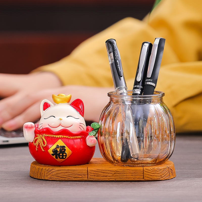 招財貓筆筒可愛創意時尚中國風辦公室書房裝飾店鋪收銀臺桌面擺件-細節圖2