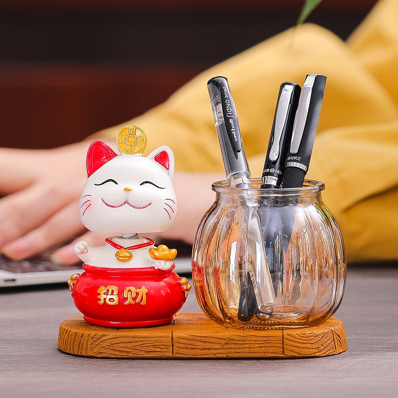 招財貓筆筒可愛創意時尚中國風辦公室書房裝飾店鋪收銀臺桌面擺件-細節圖3