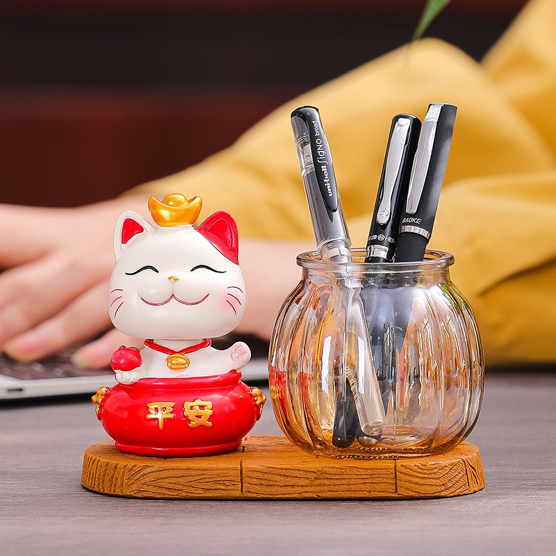 招財貓筆筒可愛創意時尚中國風辦公室書房裝飾店鋪收銀臺桌面擺件-細節圖4