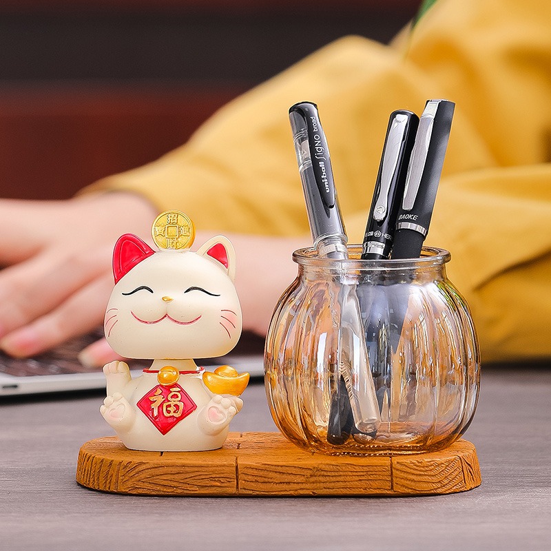 招財貓筆筒可愛創意時尚中國風辦公室書房裝飾店鋪收銀臺桌面擺件-細節圖5