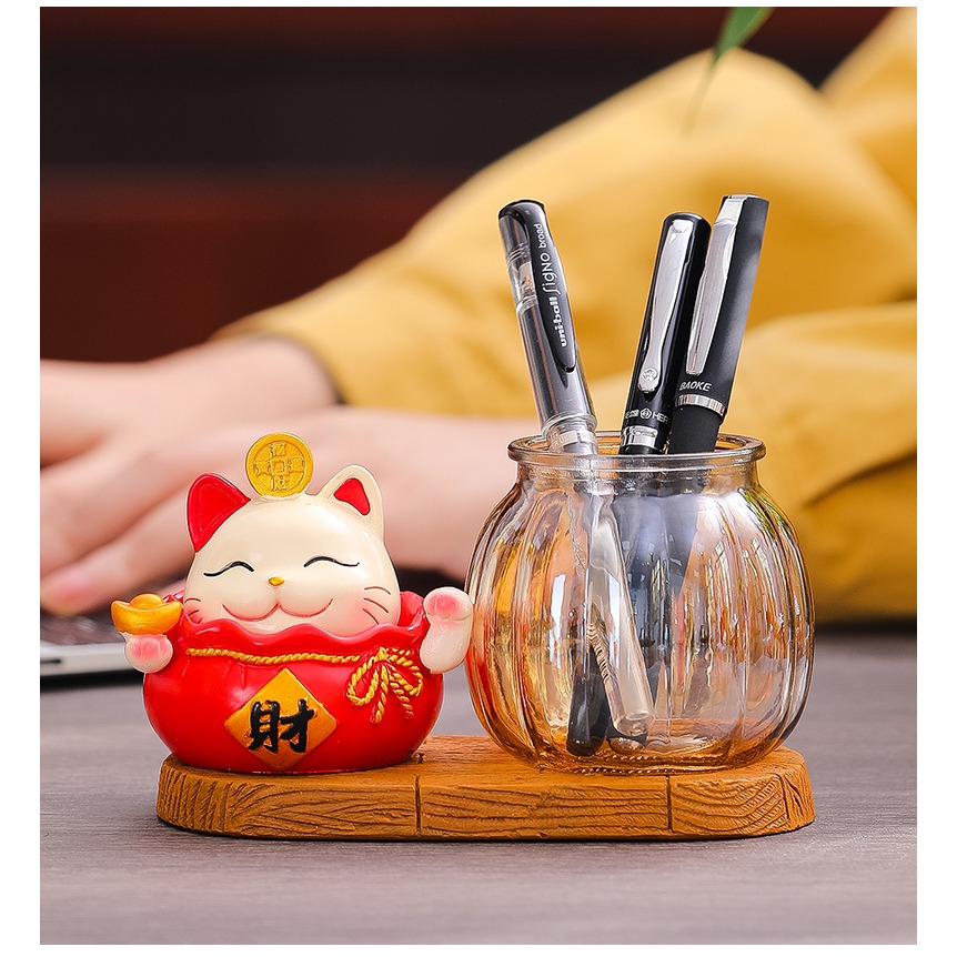 招財貓筆筒可愛創意時尚中國風辦公室書房裝飾店鋪收銀臺桌面擺件-細節圖9