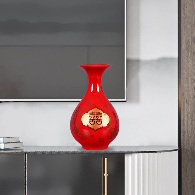 景德鎮陶瓷器花瓶擺件中國紅色中式家居客廳裝飾品工藝插花瓷瓶-細節圖3