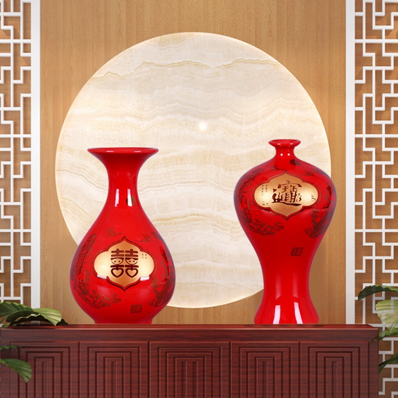 景德鎮陶瓷器花瓶擺件中國紅色中式家居客廳裝飾品工藝插花瓷瓶-細節圖4