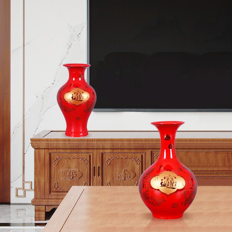 景德鎮陶瓷器花瓶擺件中國紅色中式家居客廳裝飾品工藝插花瓷瓶-細節圖5