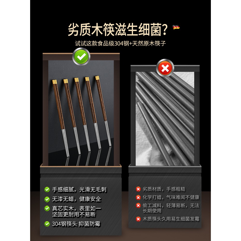 實木筷子無漆無蠟304不銹鋼雞翅木筷防滑防黴耐高溫金屬家用快子-細節圖2