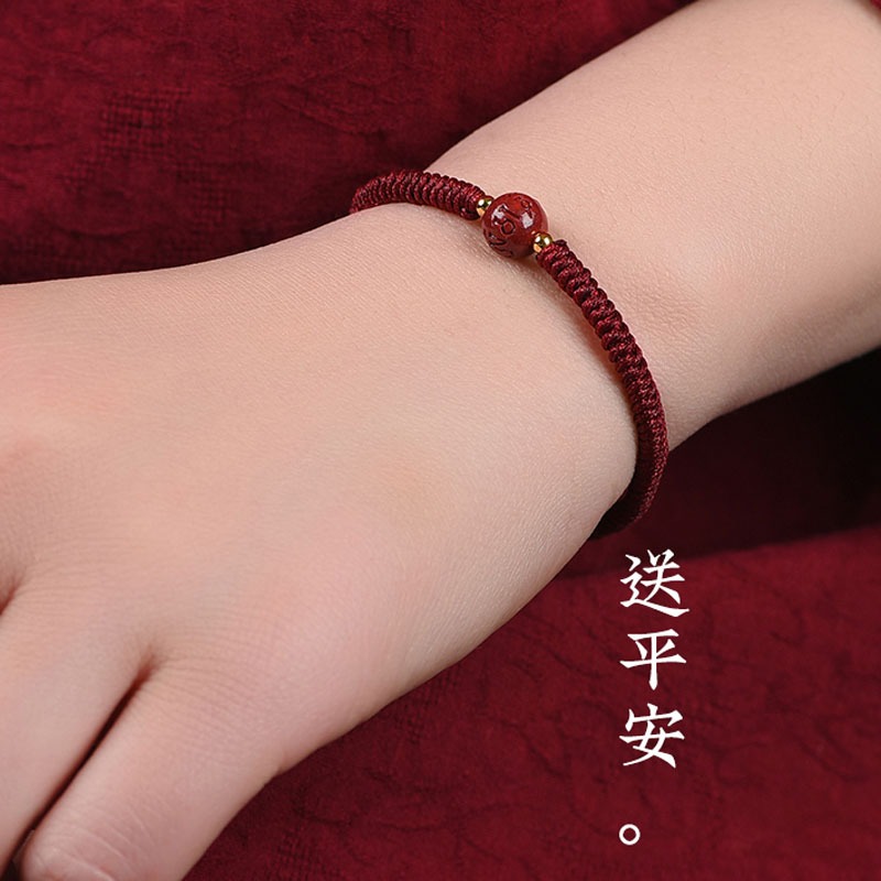 天然原礦硃砂轉運珠手繩手工編織紅繩手鏈男女本命年情侶手串原創-細節圖8
