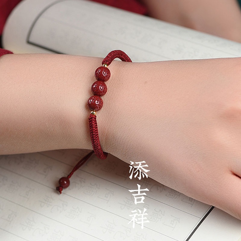 天然原礦硃砂轉運珠手繩手工編織紅繩手鏈男女本命年情侶手串原創-細節圖9