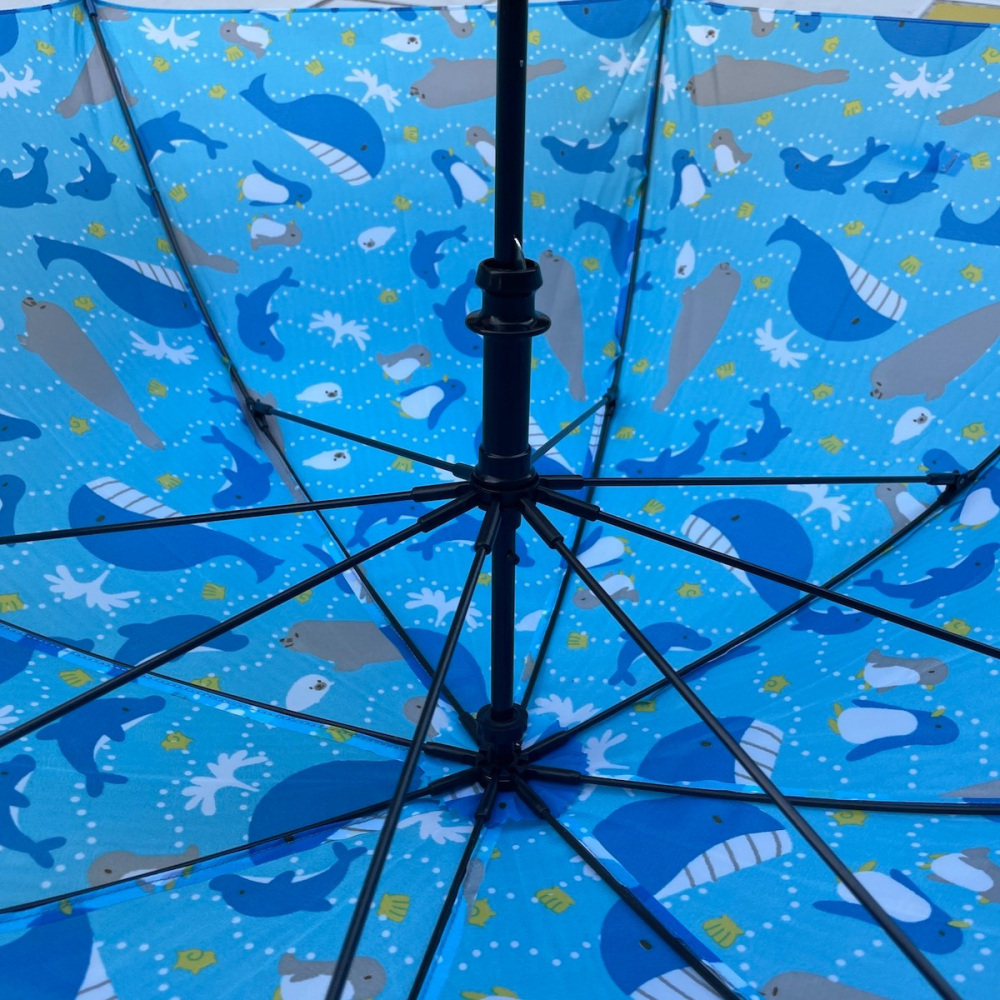 大童男孩子學生用安全防夾手手開鯨魚海豹企鵝卡通圖案藍色雨傘-細節圖3