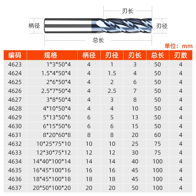 滬豪45/55度鎢鋼銑刀4刃合金塗層數控6/8/10/12/15mm不銹鋼立銑刀-細節圖4