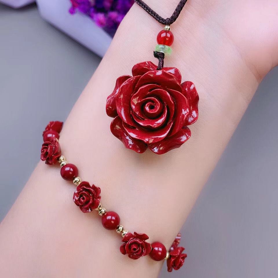 高含量紫金砂硃砂花開富貴玫瑰花吊墜本命年項鏈女招財保平安飾品-細節圖8