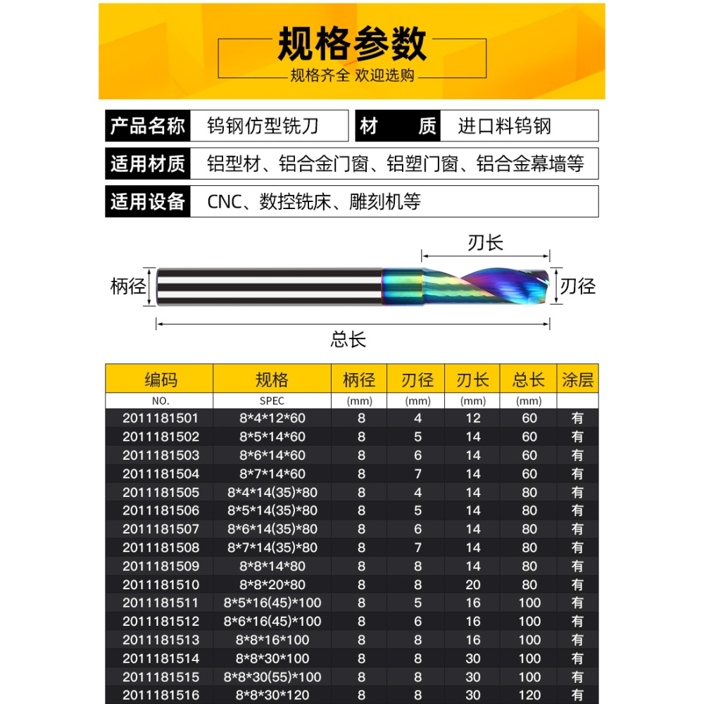 滬豪單刃仿形銑刀鋁型材合金門窗機牀塗層切割刀鋁幕墻雕刻機刀具-細節圖10