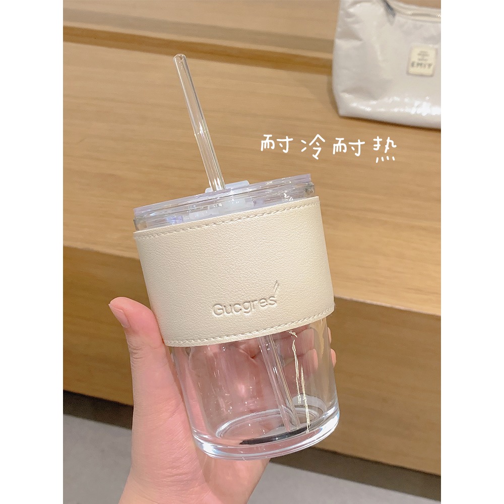 ins風北極光玻璃杯吸管杯家用辦公室水杯女高顏值咖啡杯竹節杯子-細節圖5