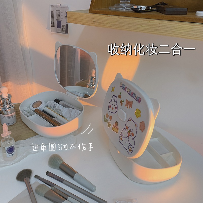 ins風梳妝臺鏡子折疊化妝鏡女帶收納盒學生宿舍臺式桌面家用小型-細節圖2