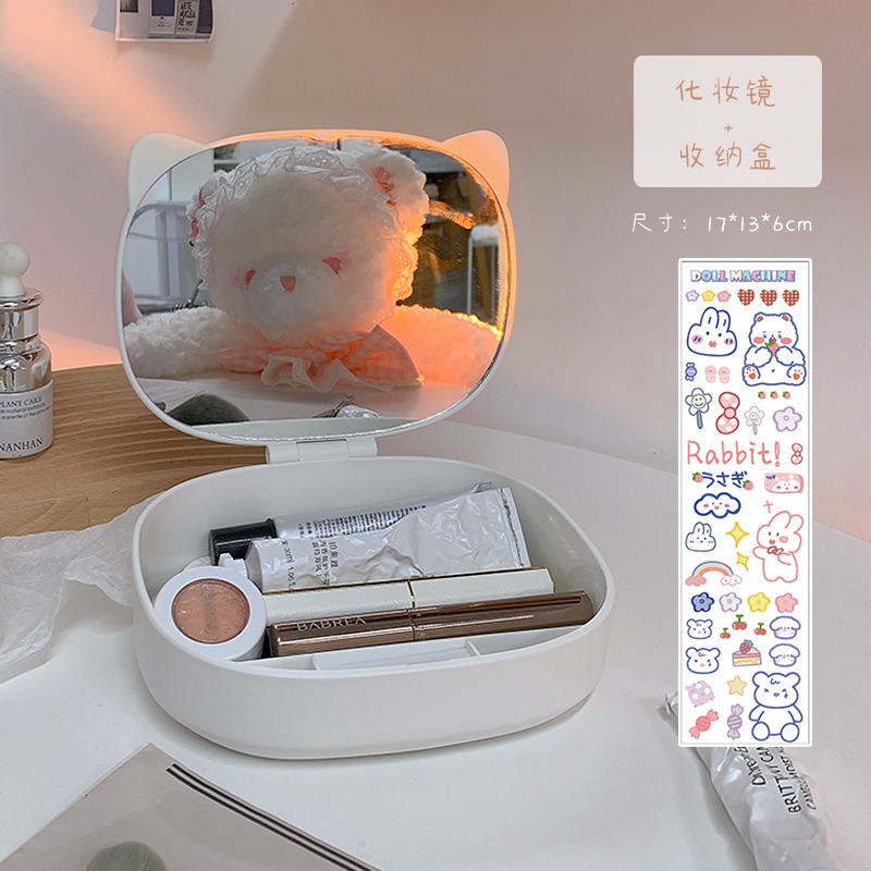 ins風梳妝臺鏡子折疊化妝鏡女帶收納盒學生宿舍臺式桌面家用小型-細節圖6