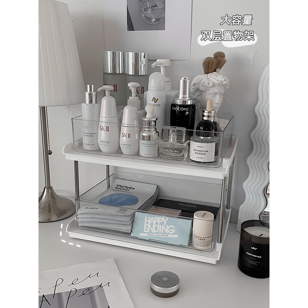 ins風透明化妝品收納盒桌面抽屜式護膚品宿舍桌上書桌口紅置物架-細節圖2