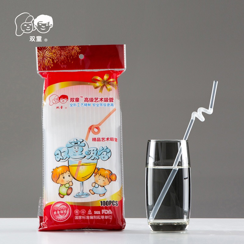 雙童一次性藝術吸管單彎創意造型奶茶飲料果汁100支71035彩色透明-細節圖3