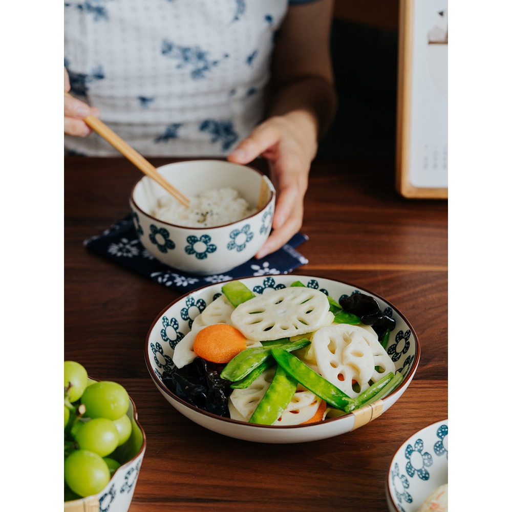 澤滕家日式藍朵粗陶家用飯碗不規則湯碗釉下彩工藝蔬菜沙拉碗陶瓷-細節圖2