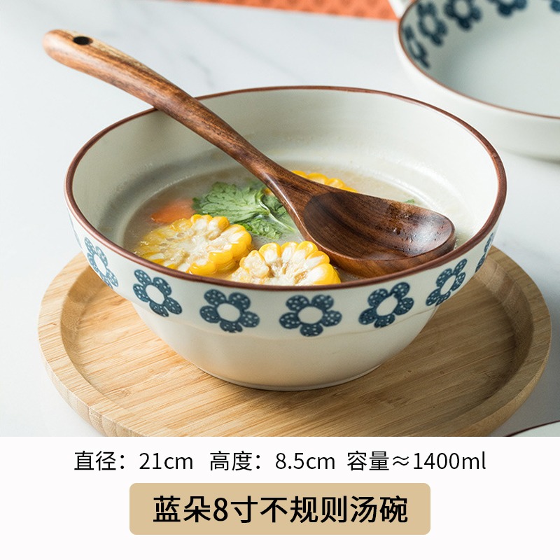 澤滕家日式藍朵粗陶家用飯碗不規則湯碗釉下彩工藝蔬菜沙拉碗陶瓷-細節圖7