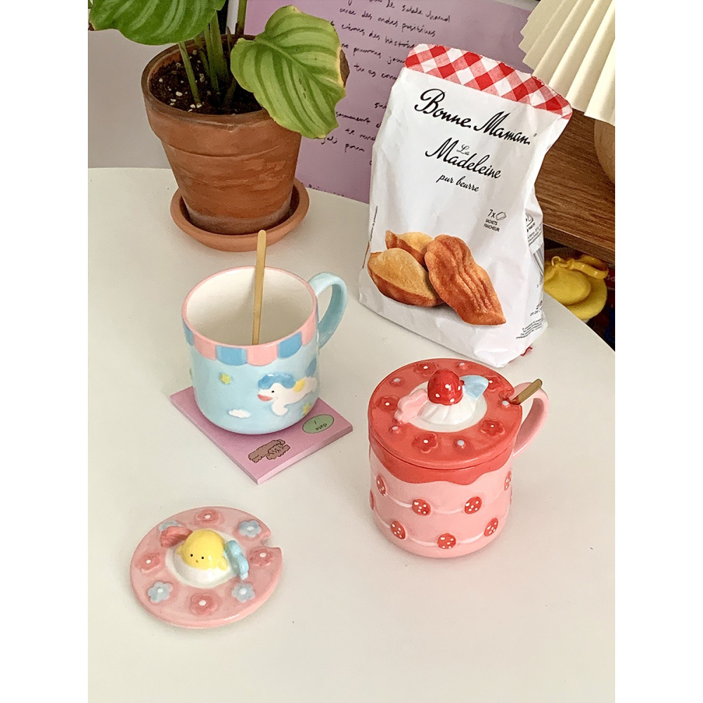 澤滕家 可愛草莓蛋糕馬克杯 高顏值萌趣陶瓷杯早餐燕麥杯帶蓋帶勺-細節圖4