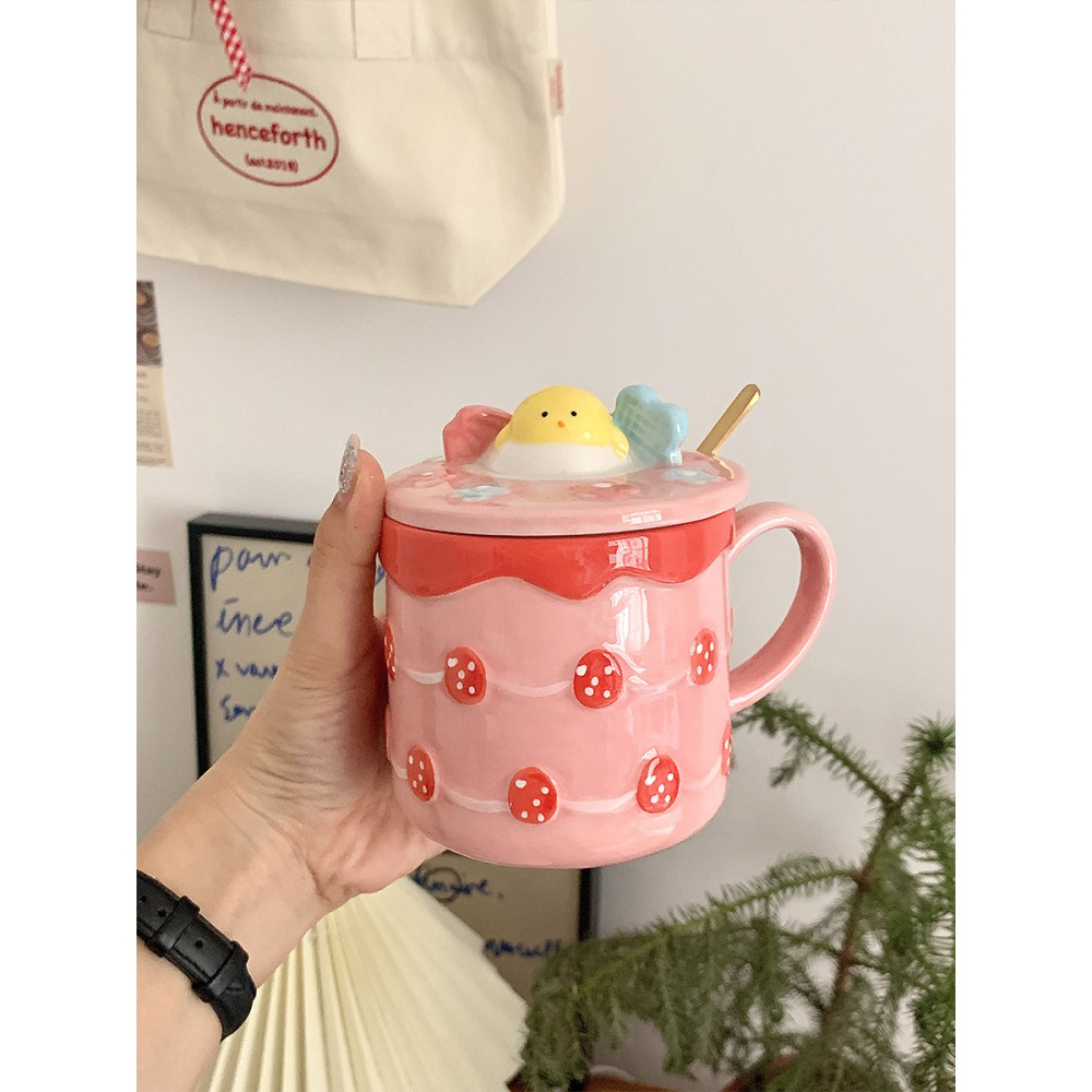澤滕家 可愛草莓蛋糕馬克杯 高顏值萌趣陶瓷杯早餐燕麥杯帶蓋帶勺-細節圖5