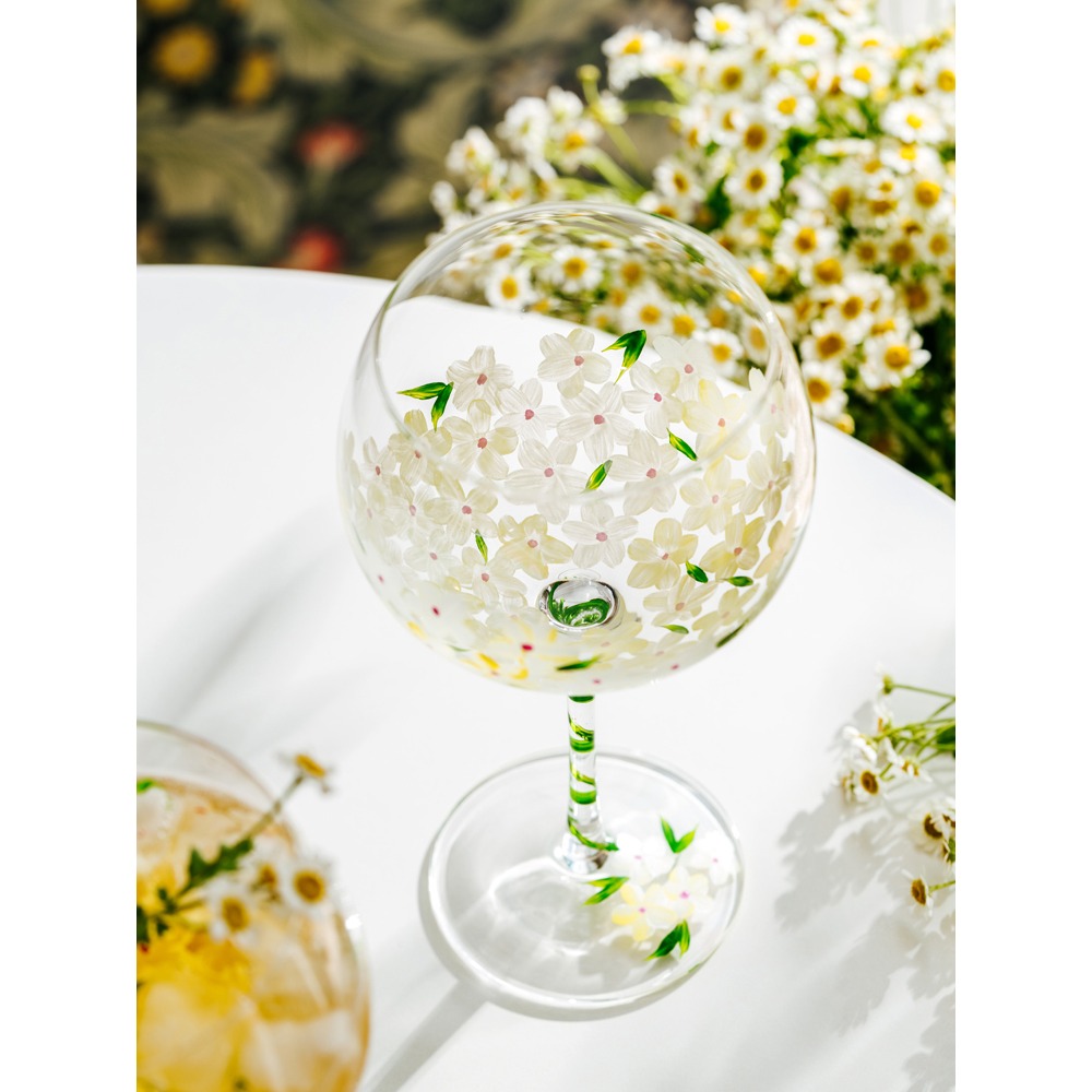澤滕家中古酒杯手繪高腳杯碎花葡萄酒杯手繪花朵水晶玻璃紅酒杯-細節圖4