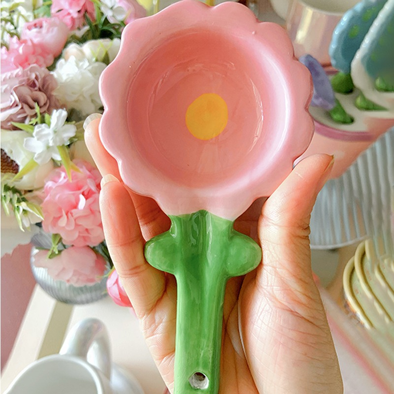 澤滕家ins風創意花朵陶瓷勺四件套帶底座少女心甜品勺飯湯勺套裝-細節圖2