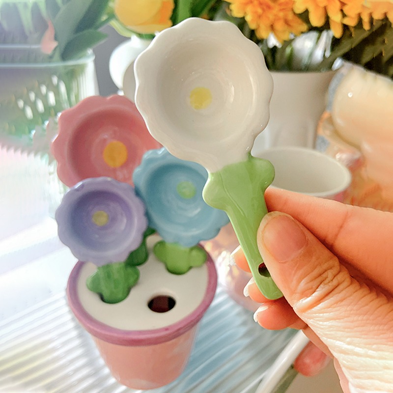 澤滕家ins風創意花朵陶瓷勺四件套帶底座少女心甜品勺飯湯勺套裝-細節圖3