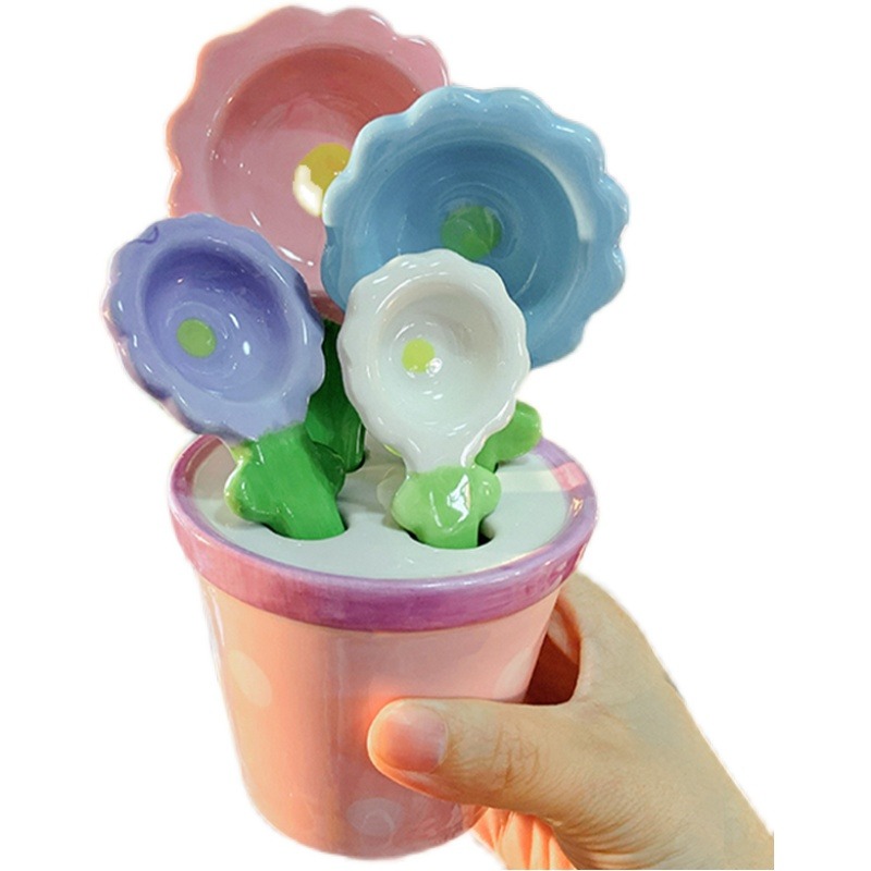 澤滕家ins風創意花朵陶瓷勺四件套帶底座少女心甜品勺飯湯勺套裝-細節圖5