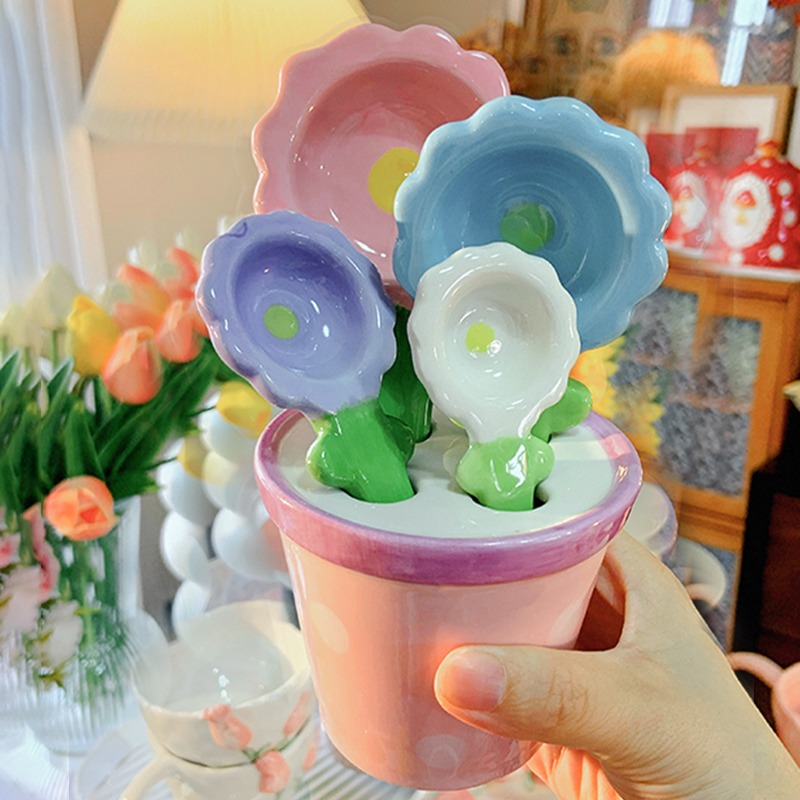 澤滕家ins風創意花朵陶瓷勺四件套帶底座少女心甜品勺飯湯勺套裝-細節圖6