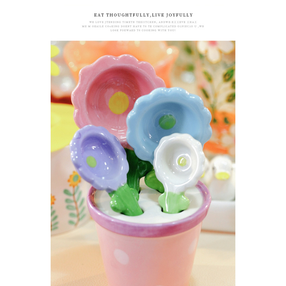 澤滕家ins風創意花朵陶瓷勺四件套帶底座少女心甜品勺飯湯勺套裝-細節圖9