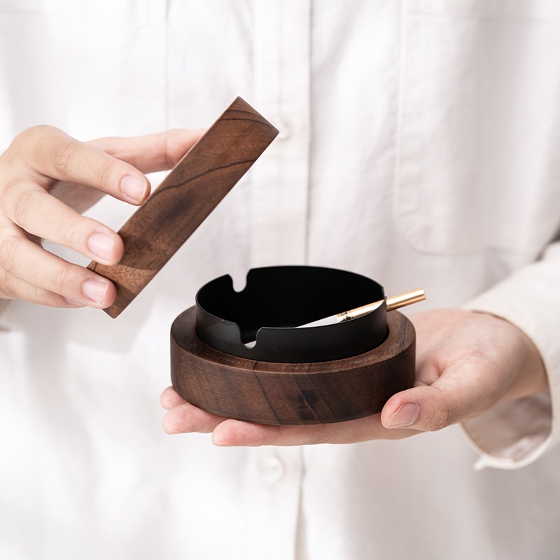 胡桃木煙灰缸帶蓋防飛灰創意潮流歐式輕奢家用辦公室桌實木煙灰缸-細節圖2
