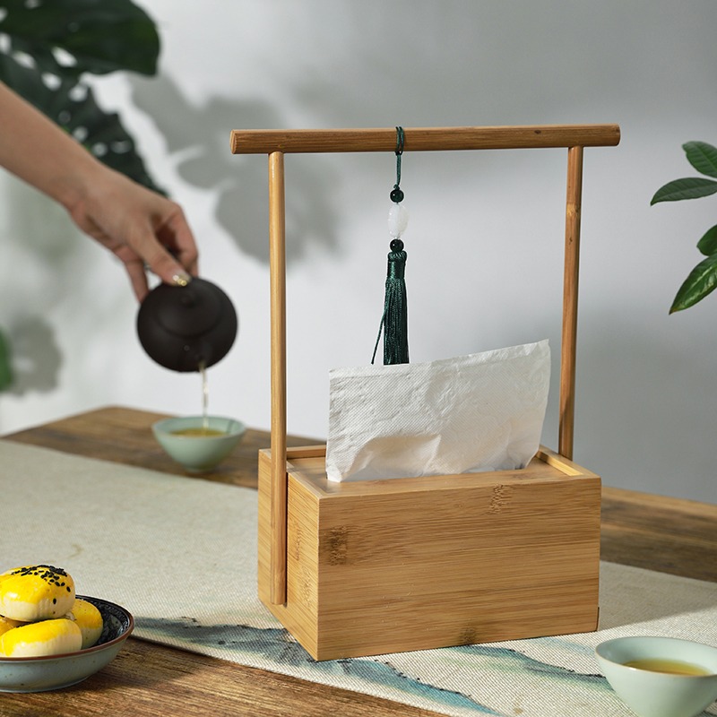 竹製紙巾盒新中式紫竹提拿紙巾盒輕奢復古茶室創意方形竹製抽紙盒-細節圖2