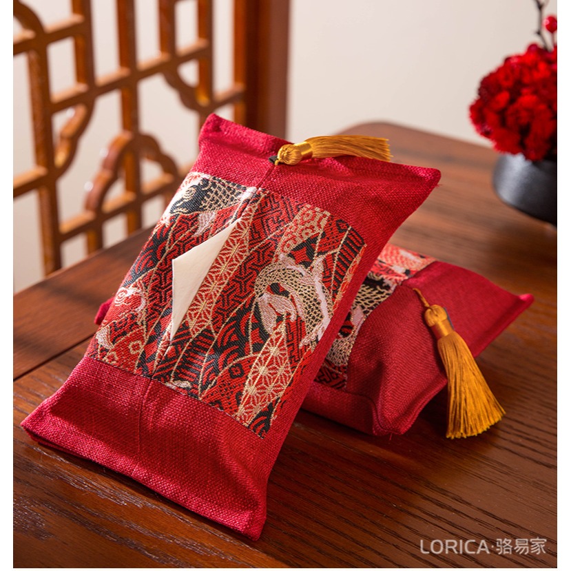 駱易家紙巾套結婚紅色新中式紙巾盒布藝創意餐廳紙抽套客廳抽紙袋-細節圖6