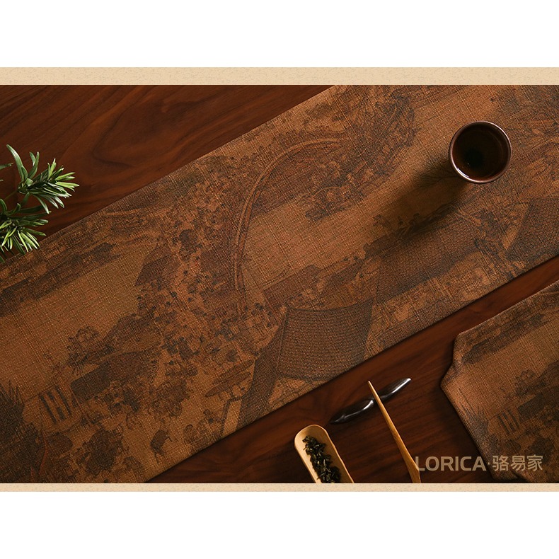 駱易家清明上河圖新中式桌旗古典茶席茶臺布藝長條茶幾桌布茶桌布-細節圖9