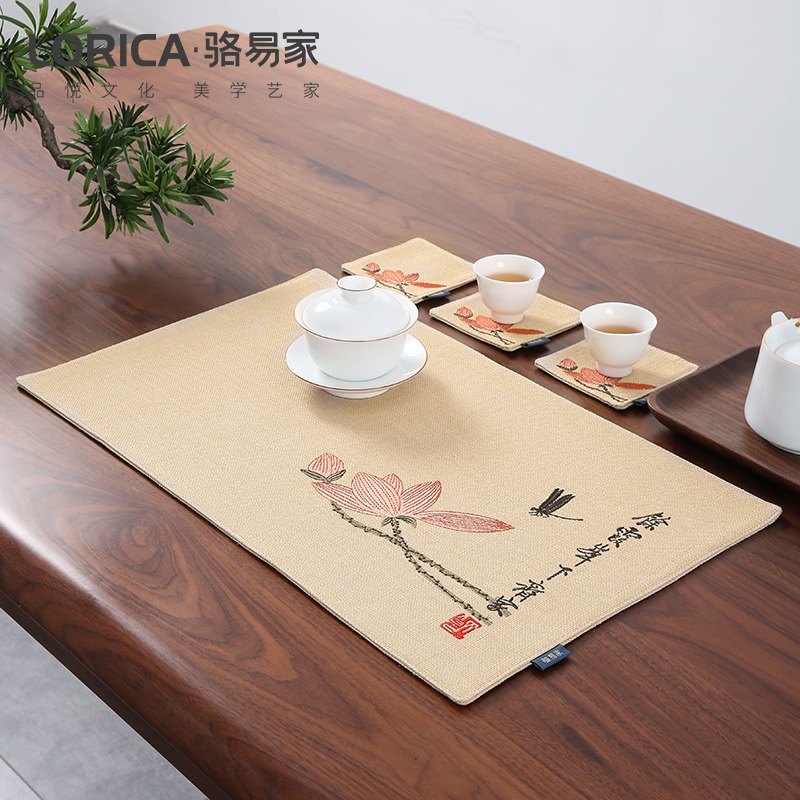 駱易家茶席茶墊中式杯墊刺繡茶杯墊茶桌茶水墊布藝餐墊棉麻餐桌墊-細節圖2
