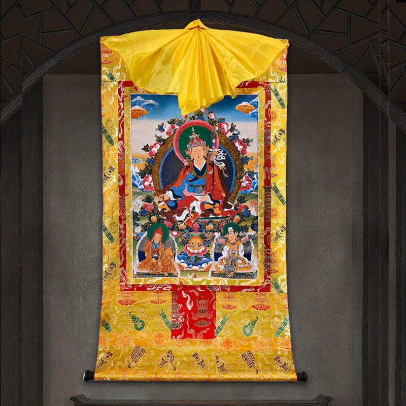大號手工蓮花生大師唐卡雙層裝裱燙金鍍金蓮師三尊佛像大號-細節圖2